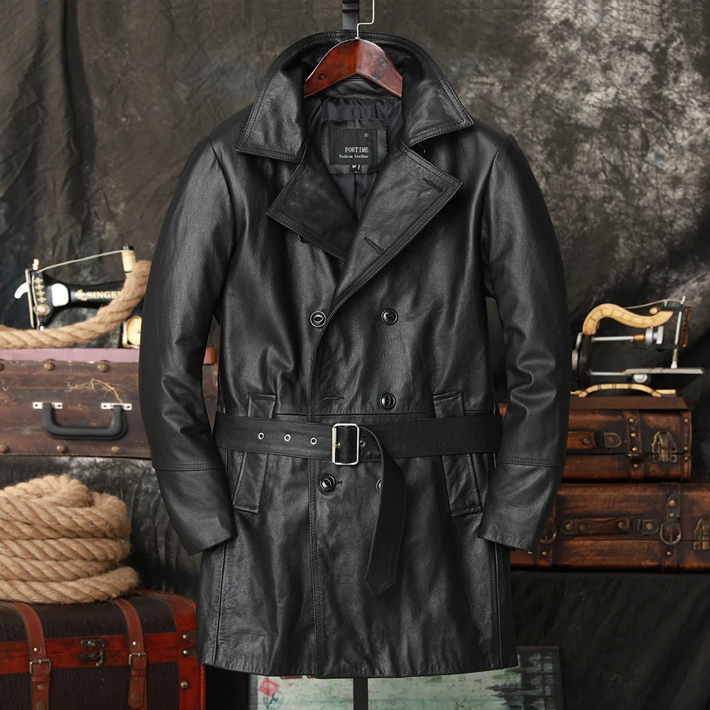 

Мужская длинная куртка из воловьей кожи, черная Повседневная ветровка с отворотом 2023, толстая двубортная куртка из натуральной телячьей шкуры, одежда для мужчин