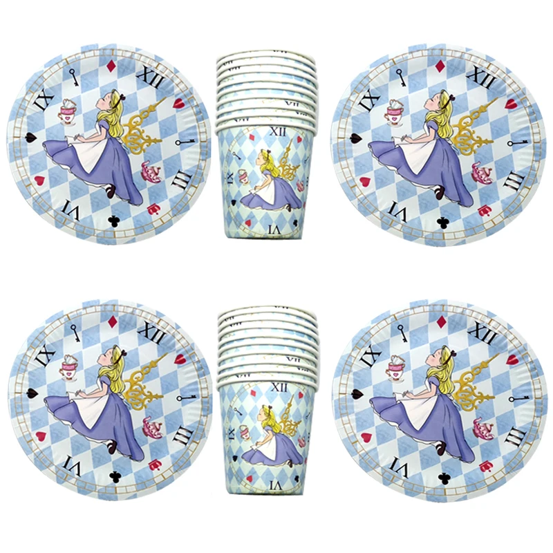 

60pcs/lot Alice Theme Girls Favors Dishes Glasses Happy Birthday Party Decoration Tableware Set Baby Shower Paper Cups Plates