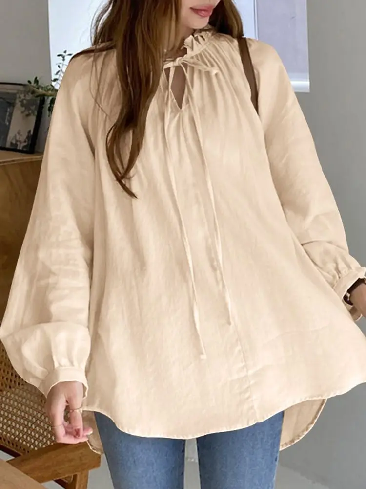 

2022 Spring Fashion Women Ruffle Blouse Shirts ZANZEA Puff Sleeve Baggy Tops Tunic Casual Solid Lace Up Oversize Blusa Chemise 7