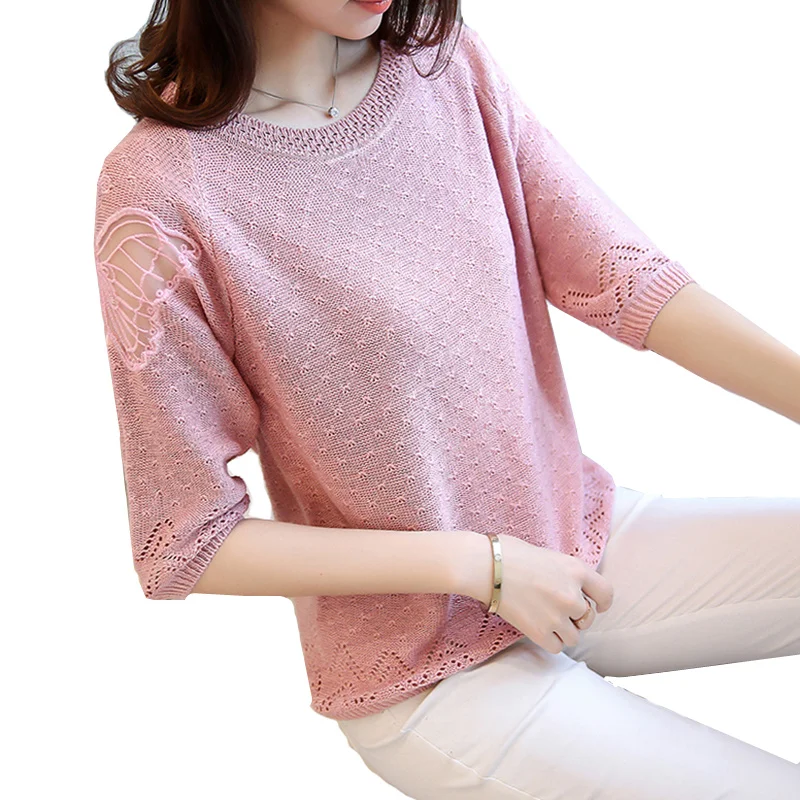 

Women Pullover Knitted 2023 Spring Loose Half sleeve O-Neck Hollow Out Lace Patchwork Top Casual Jumpers Ladies Sweater
