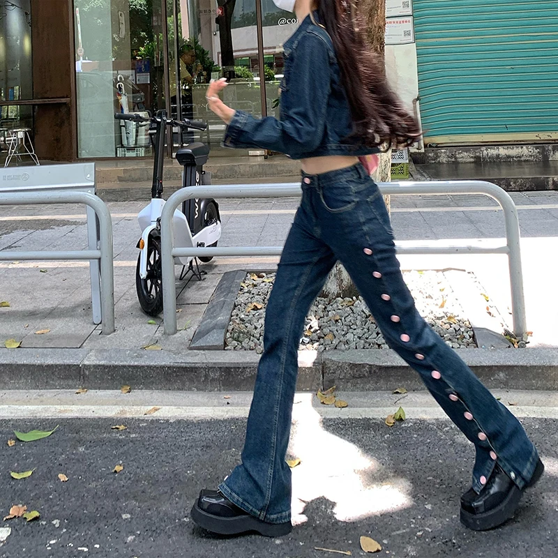 

Retro jeans Women's design feeling Side pink button micro flare pants Fashion pants