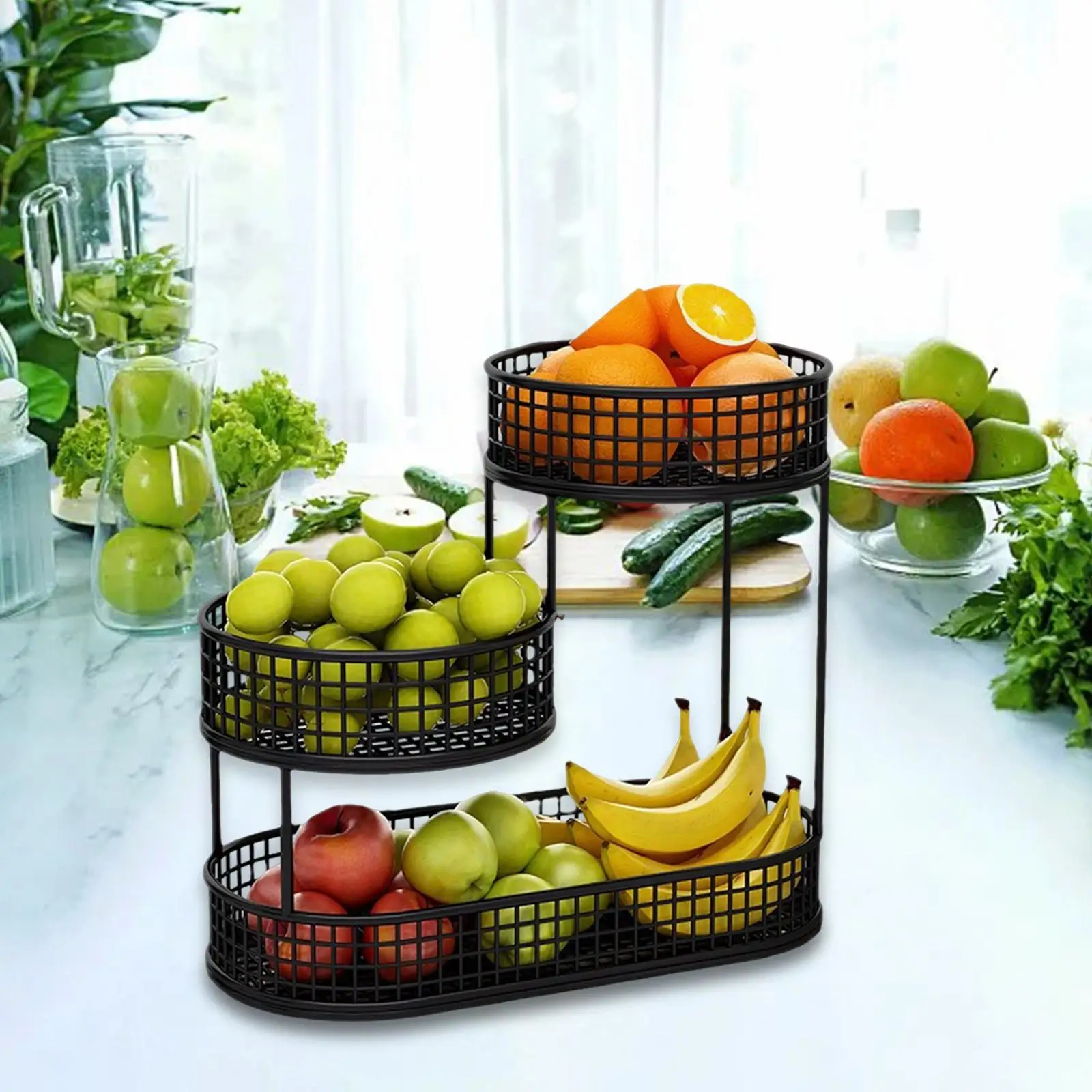 Countertop Fruit Basket Metal Wire Storage Basket, Counter Serving Tray Space Saver Serving Stand Vegetables Storage Rack