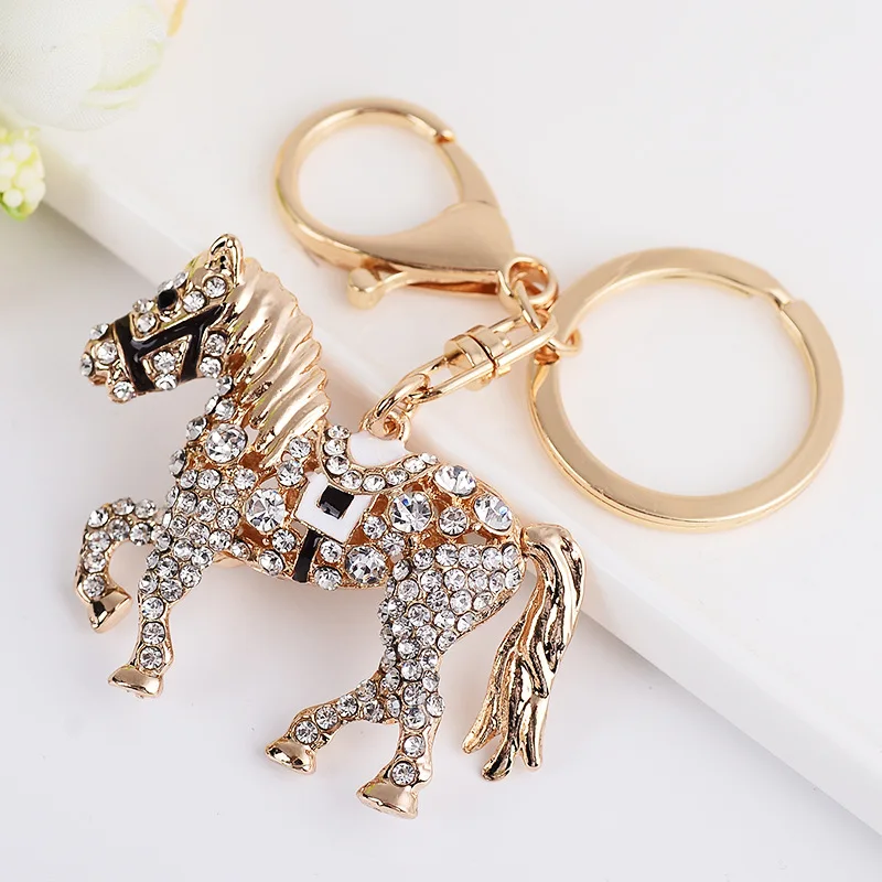 

Cute Unique Crystal Rhinestone Horse Keyrings Alloy Keychain For Women Bag Charm Pendant Men Keychains Car Key Ring Holder