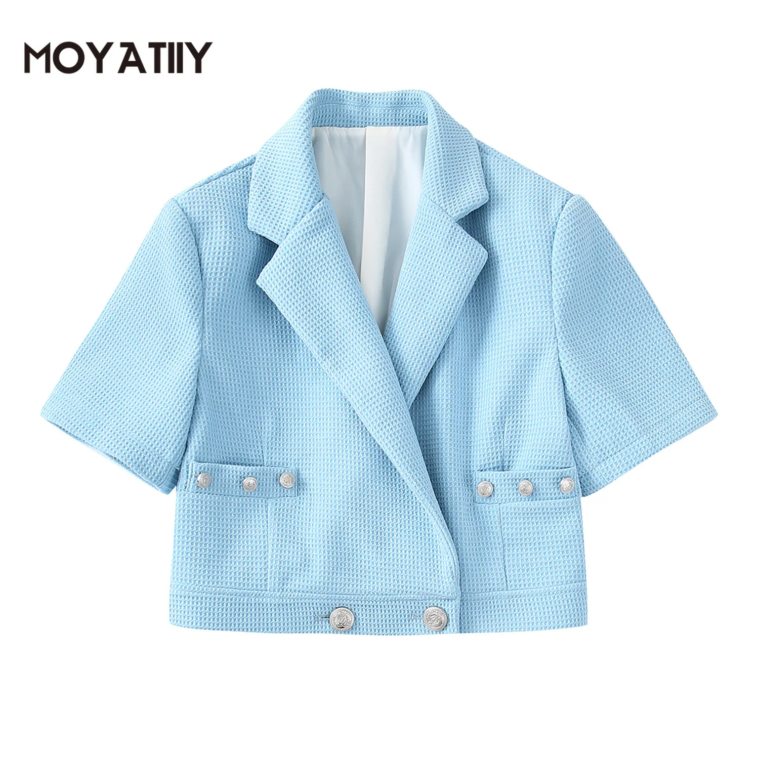 

MOYATIIY Women 2022 Fashion Tweed Summer Blue Blazer Coat Office Lady Mesh Design Overcoats Short Sleeve Female Tops