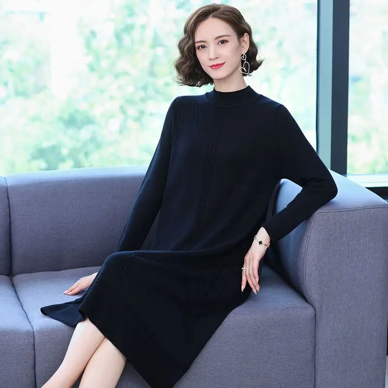 Autumn Warm Korean Round Collar Straight Sweater Dresses Women Casual Knee-Length Long Sleeve Bottoming Knitted Dresses R69