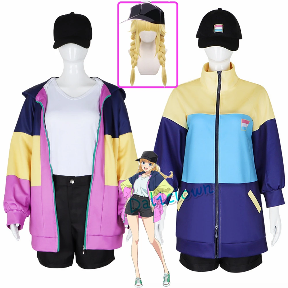 

Anime Paripi Koumei Tsukimi Eiko Cosplay Costume Blonde Wig Hooded Jacket Hat Shirt Girls Uniform Outfit Ya Boy Kongming Women