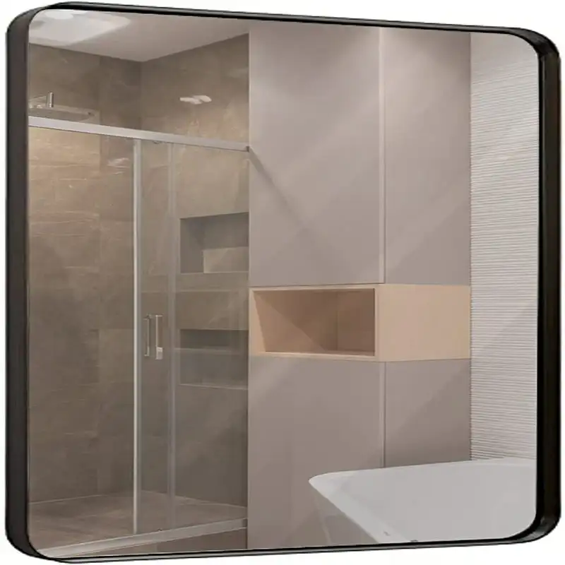 

Brushed Metal Wall Mirror | Glass Panel Framed Rounded Corner Deep Set