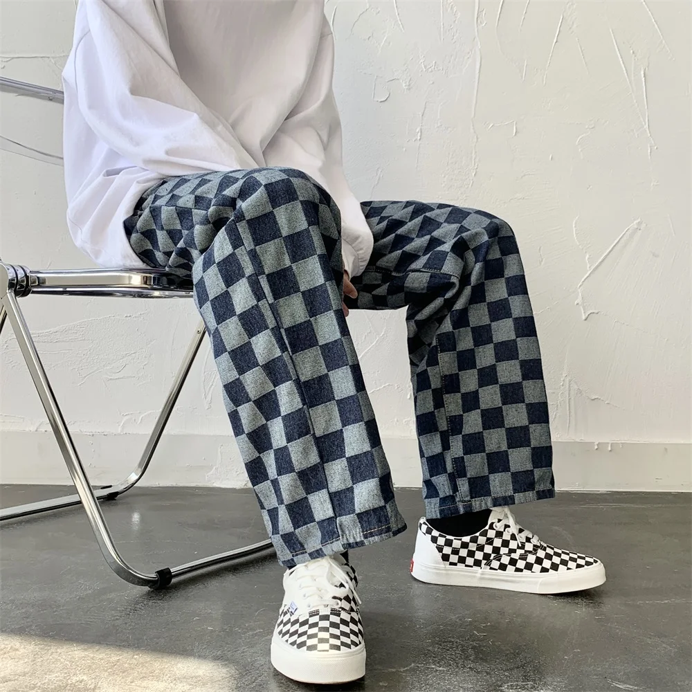 Checkerboard Print Jeans for Men 2021 Fashion Trends Straight Clothes Teen Casual  Baggy Denim Pant Boyfriend Hip Hop Streetwear