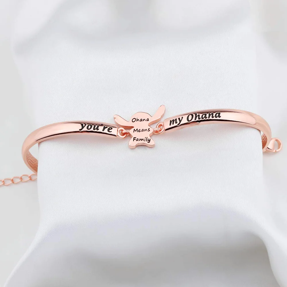

Cartoon Stitch Charm Bracelet Rose Gold Color Metal You Are My Ohana Exquisite Luxury Jewelry Gifts for Women Girls Boy Bangle