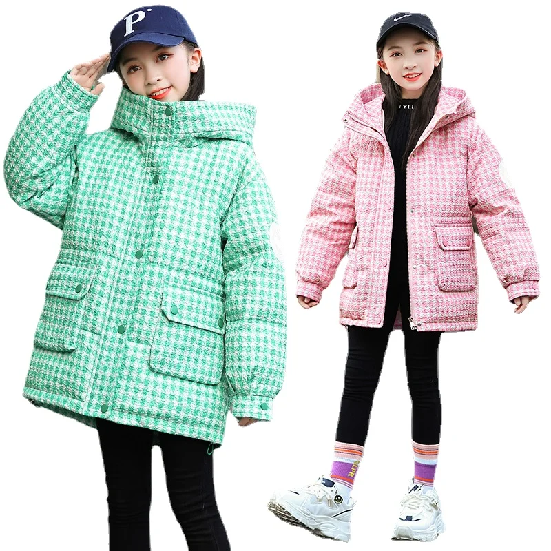 5-14 Years Children Girl Winter Overalls Plaid Outwear Down Jacket Toddler Warm Parkas Hooded Coat Kids Snowsuit Clothes