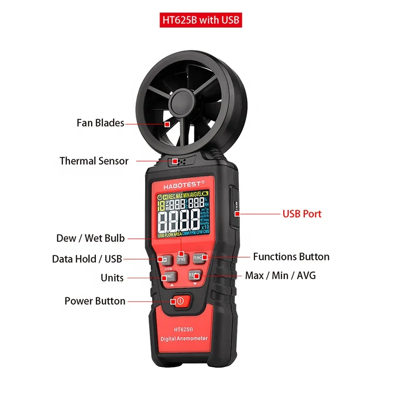 

Habotest HT625B Digital Portable Anemometer with USB Color LCD Display Dew Point Wet Bulb Test Temperature