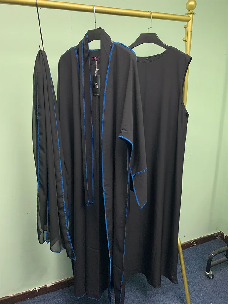 Eid Muslim Abaya Women Laila Black Abaya Gowns Dubai Arabic Kimono Open Cardigan Outwear with Stitching Scarf Belt