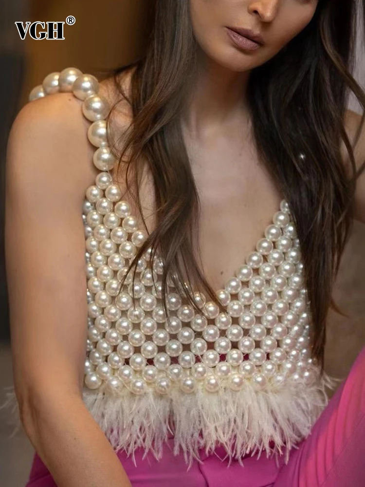 

VGH Sexy Pearls Hollow Out Tank Tops For Women Square Collar Sleeveless Patchwork Fethers Backless Veats Female Summer Clothing