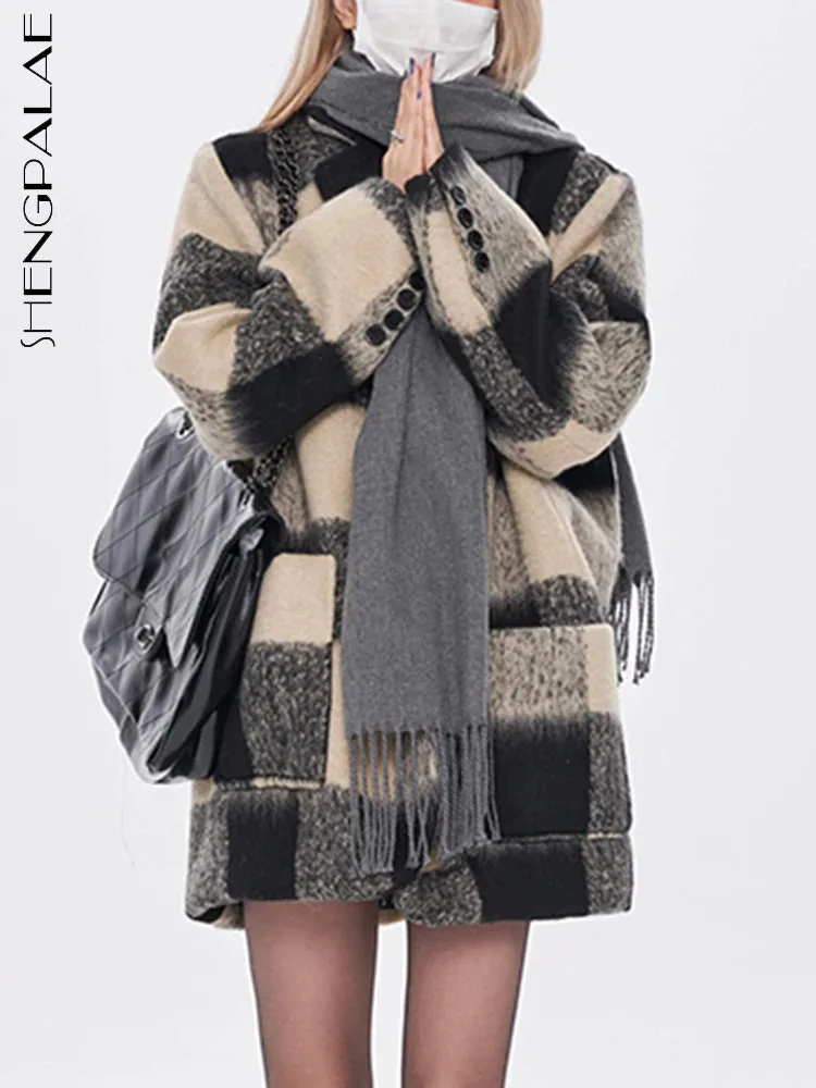 

SHENGPALAE женская одежда костюм топы контрастная черная белая клетчатая зима осень 2023 утепленное хлопковое шерстяное пальто 5R7008