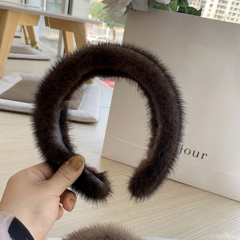 New Winter Real Mink Fur Headband For Women Hair Accessories Solid Head Wraps Warm Furry Gift images - 6