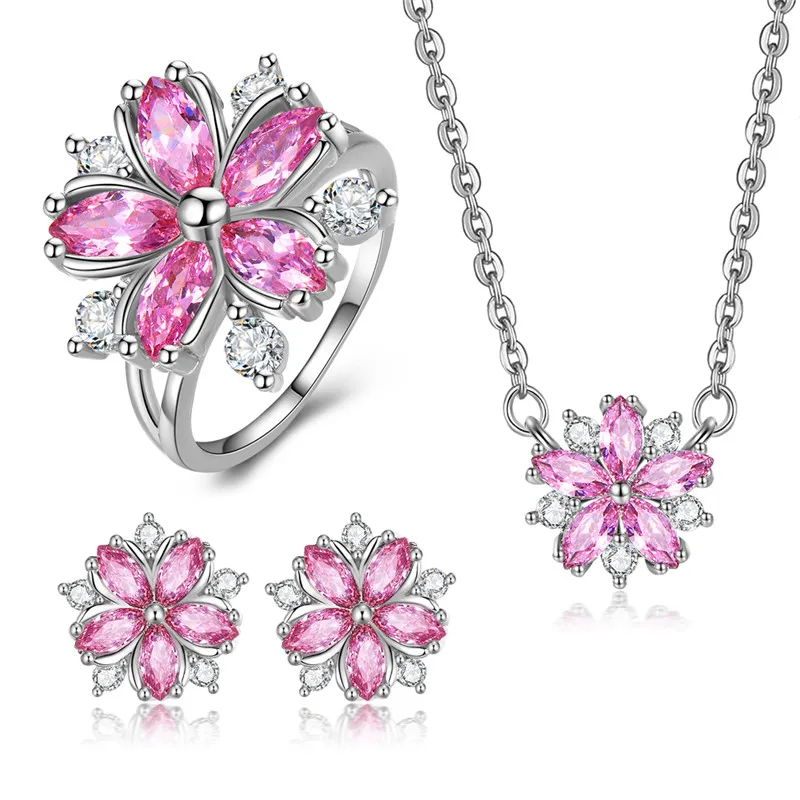 

Ladies Jewelry Set Pink Crystal Snowflake Ring Earring Necklace Cute Cherry Flower Three Piece Bridal Wedding Accessories