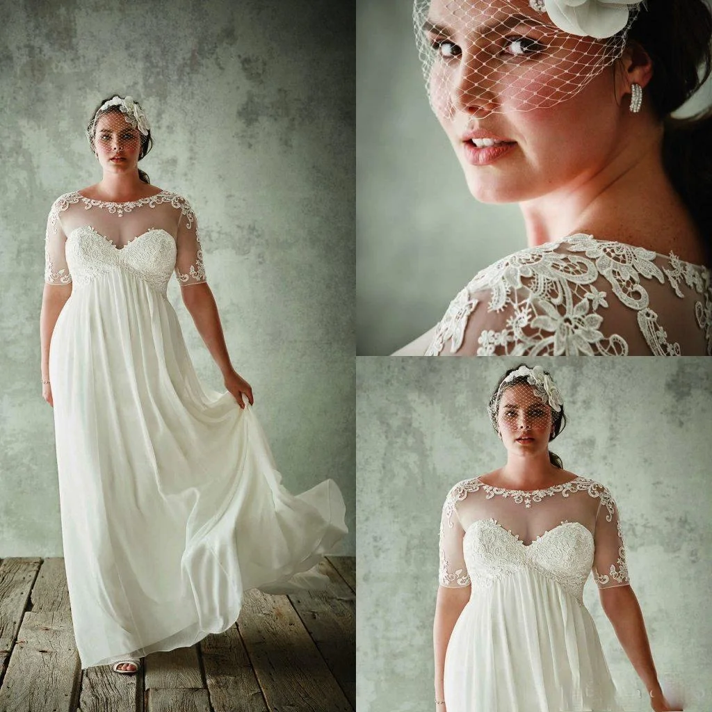 

Plus Size Wedding Dresses Half Sleeves Sheer Jewel Neck A Line Lace Appliqued Bridal Gowns Chiffon Empire Waist Wedding Dress