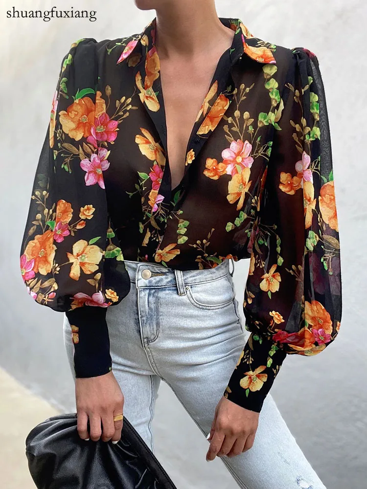 

Casual Lantern Sleeve Loose Blouses Women Autumn Button Long Sleeve Shirt For Women 2022 Boho Print Chiffon Shirts Top Femme