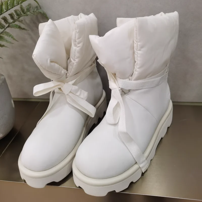 

Легкие женские ботинки на толстой подошве, Теплые ботильоны из шерсти с перьями и бантом, ботинки из хлопка с лентой