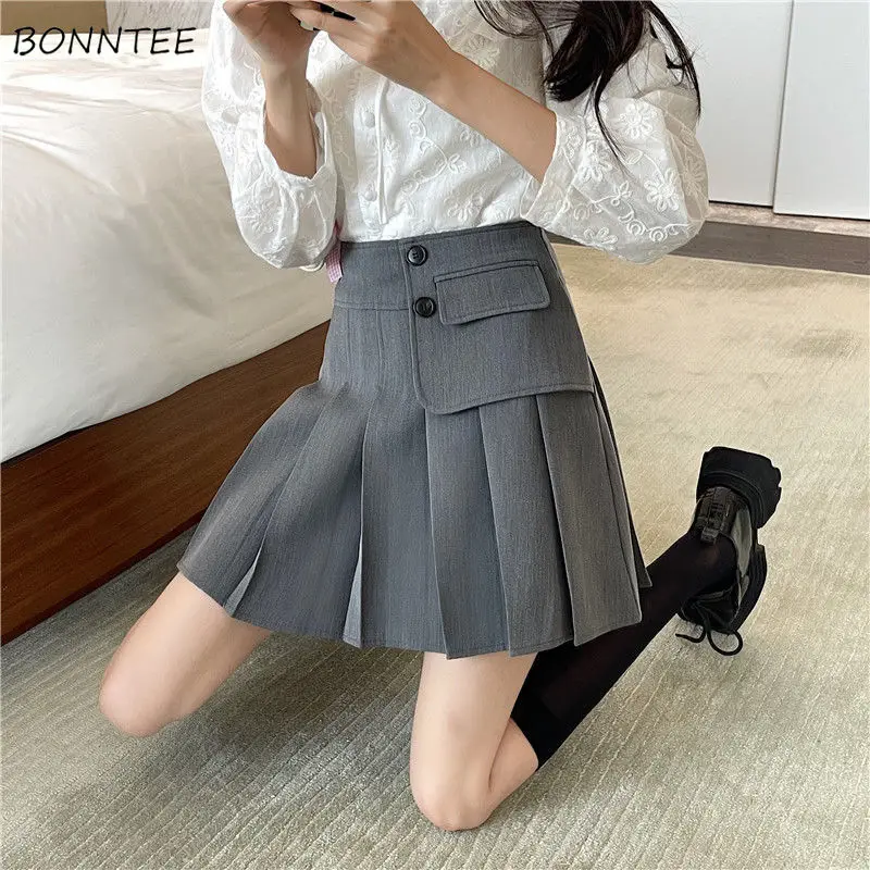 

Skirts Women A-line High Waist Solid Folds Chic Fashion Casual Cozy Basic All-match Sweet Elegant Korean Style Ulzzang College