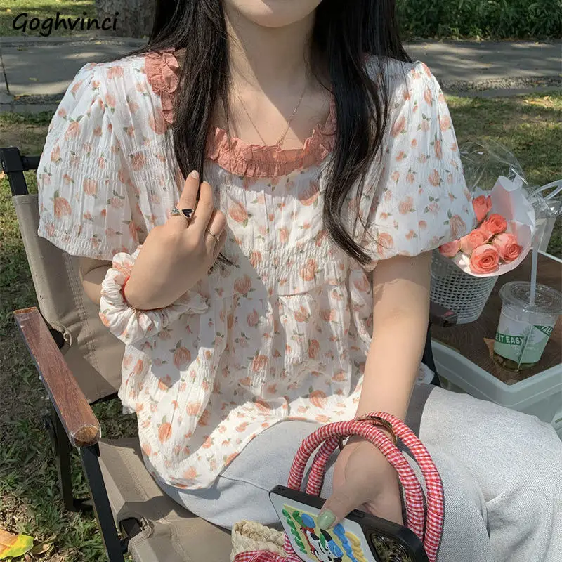 

Floral Blouses Women Korean Style Girlish Summer Tender Kawaii Sweet Puff Sleeve Student Fashion Loose Young Edible Tree Fungus