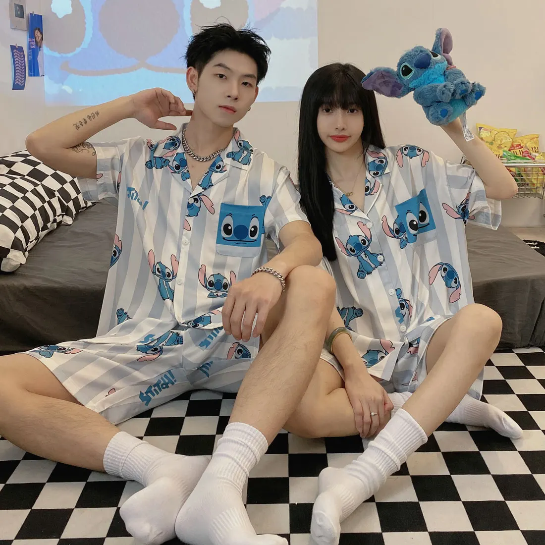 Disney High Quality Stitch Satin Pajamas Set for Women Men Soft Top and Shorts Stain Home Suit Cute Kawaii Couples Sleepwear