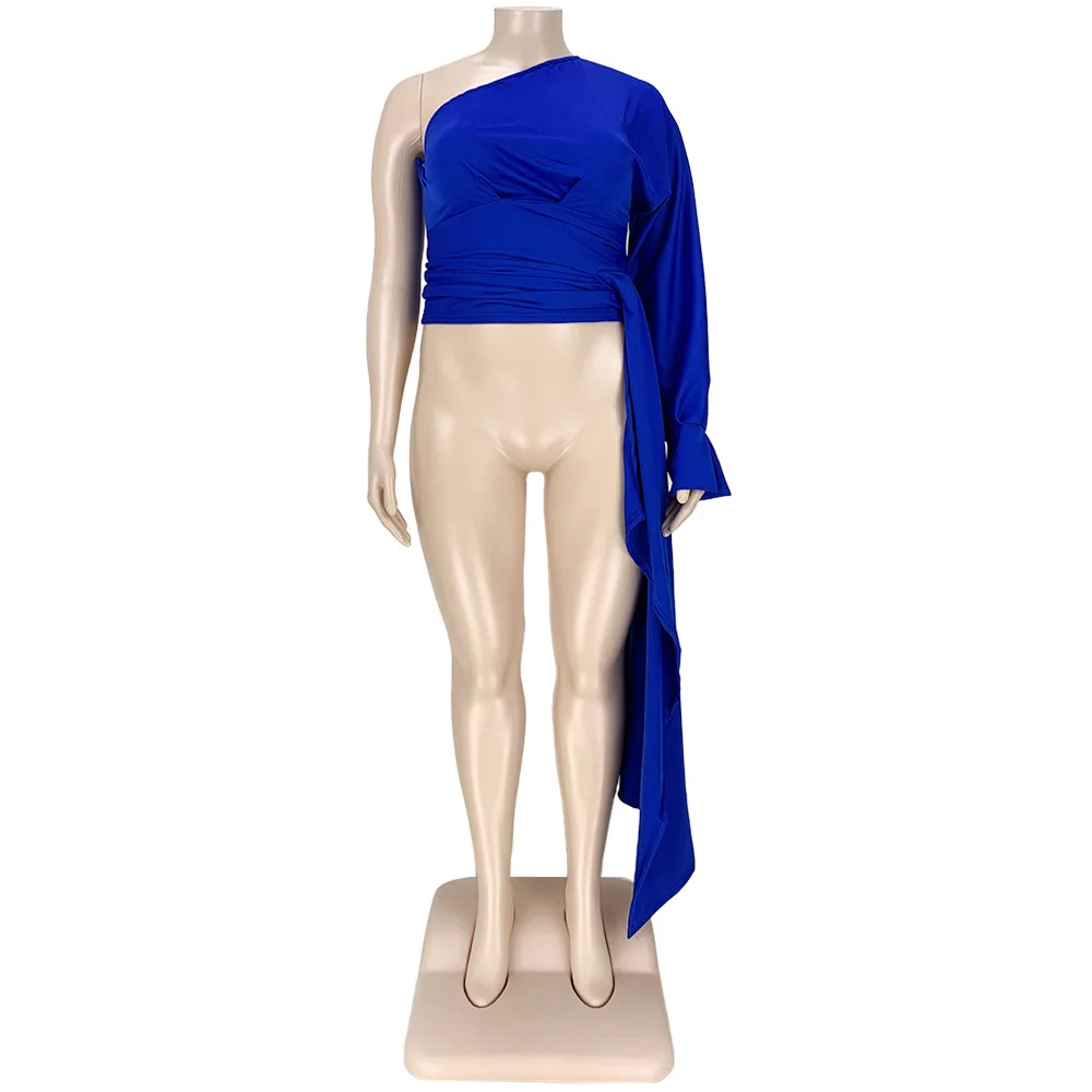 Plus Size Fashion Asymmetrical Top One Shoulder Puff Sleeve Tight Waist Lady Tees Casual Streetwear Matching Autumn Clothings
