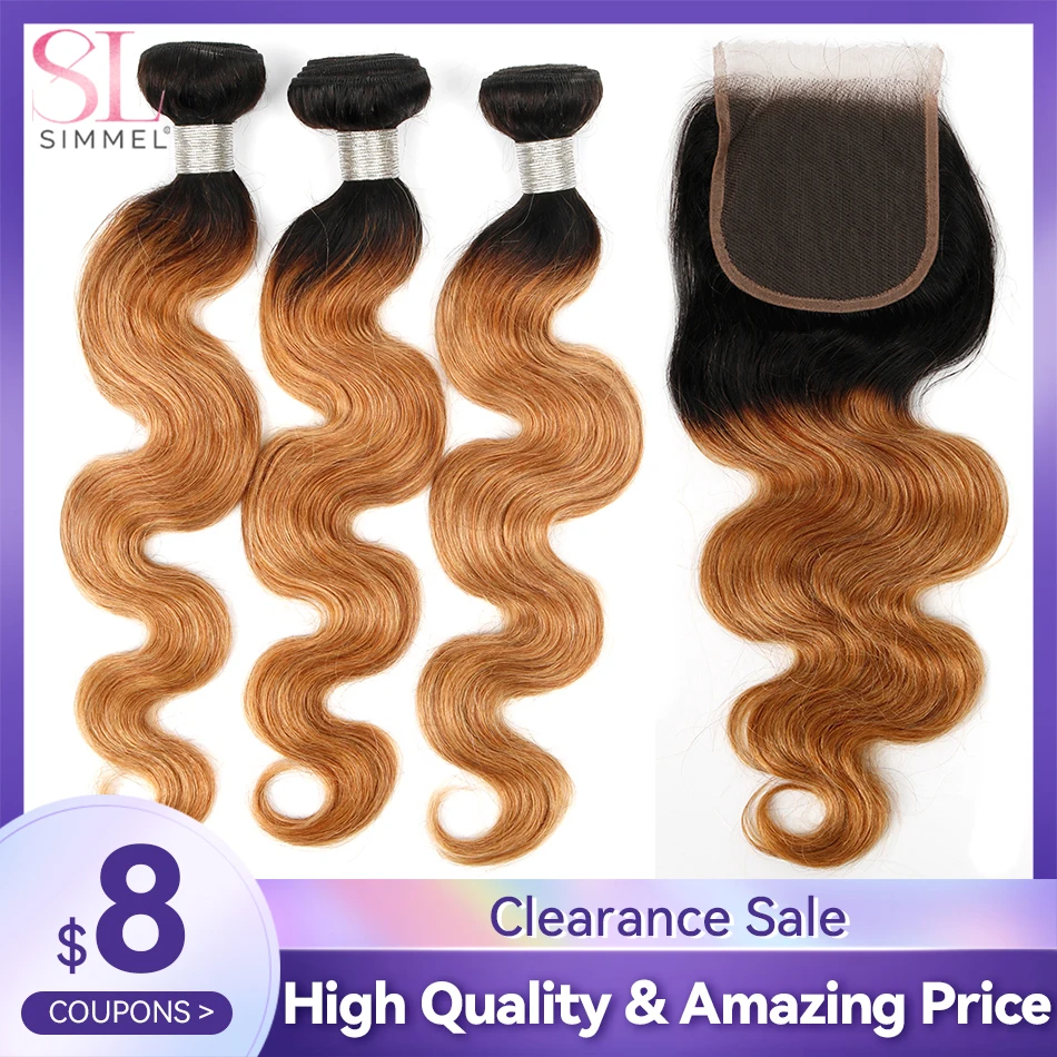 

Body Wave Human Hair Bundles With Closure Remy Peruvian Hair Extensions Wholesale Hair Weave With 4x4 Closure For Women T1B/27
