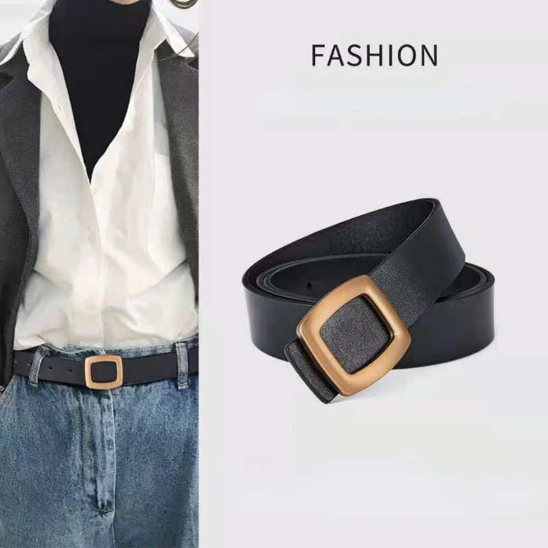 Genuine Leather Double-sided Cutting Belt for Woman Black Casual Jeans Accessories Elegant Atmosphere Smooth Buckle Belt New2023