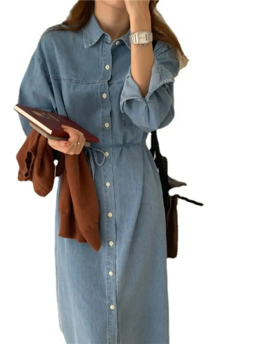 Real Shot 2024 осенне-зимнее новое корейское свободное джинсовое платье со шнуровкой и