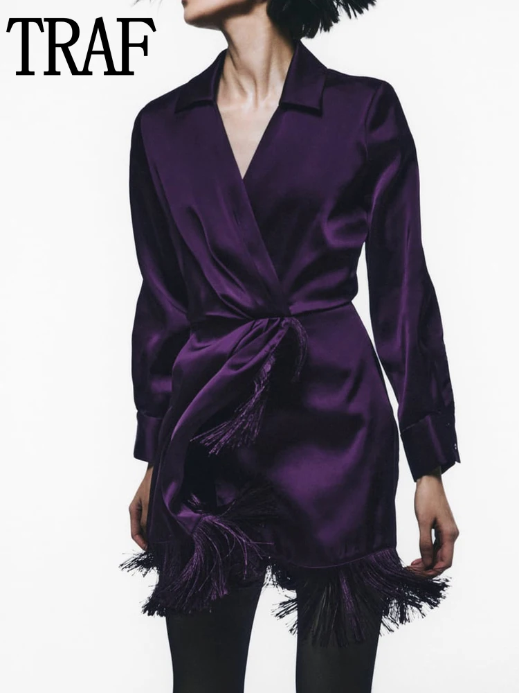 

TRAF Purple Mini Dress Women Long Sleeve Satin Dress Woman 2022 Pleated Elegant Dresses For Women Autumn Fringing Short Dresses