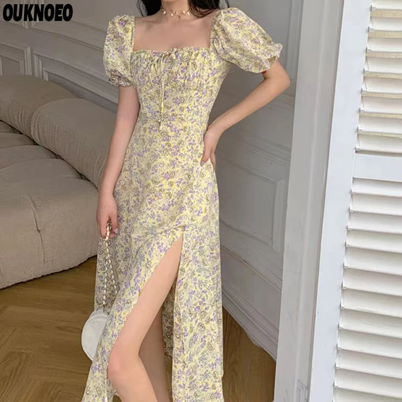 

Женское платье с коротким рукавом-фонариком, элегантное пляжное платье с цветочным принтом для вечеринки и выпускного вечера, лето 2022