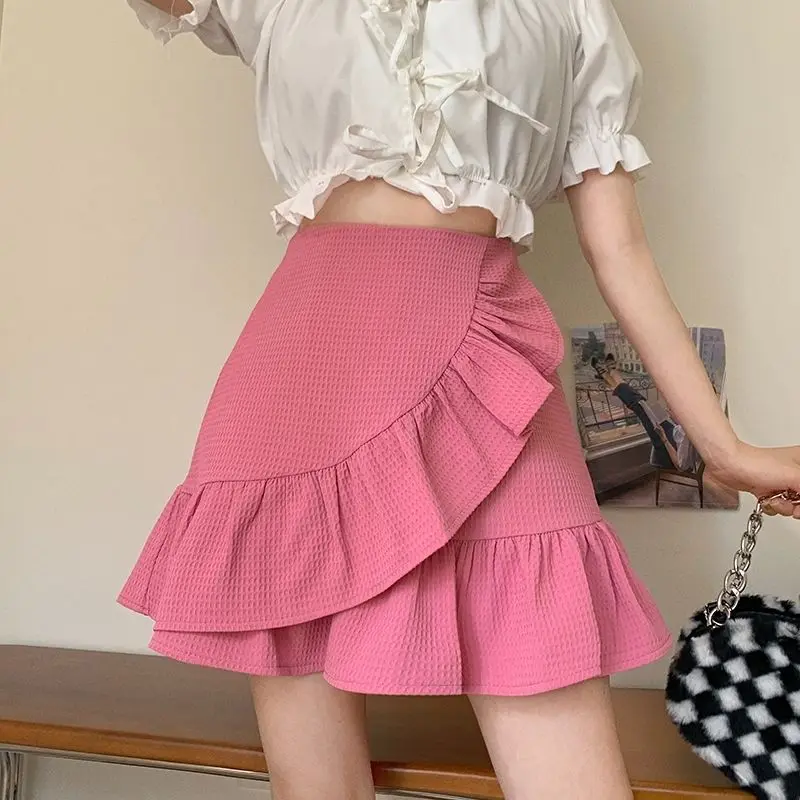 

2023 Summer New Mini Skirt Sweet Solid Color Ruffle Edge Wrapped Hip Skirt Irregular High Waist Versatile Women's Skirt