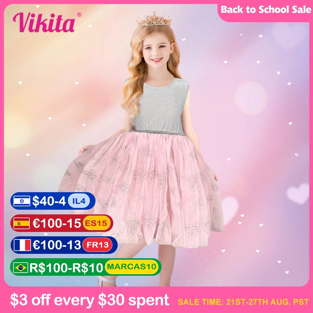 

VIKITA Girls Butterfly Dress Kids Cotton Dress with Flare Sleeve Kids Summer Dresses for Girls Children Embroidery Vestidos