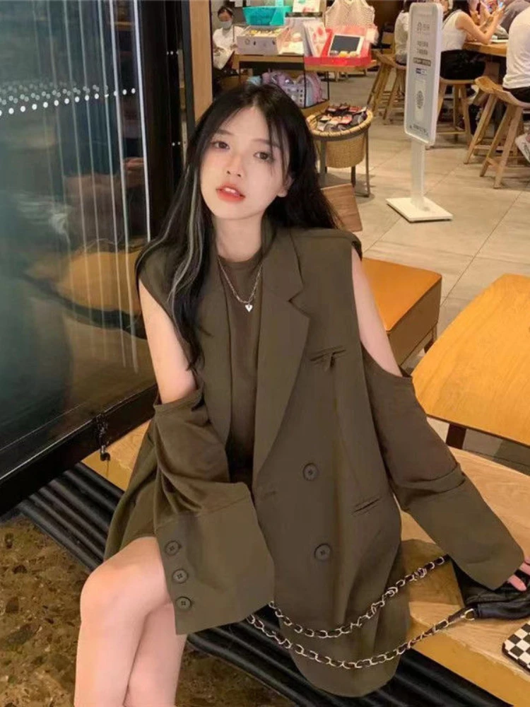 

Y2k 2022 Spring Autumn Blazers Off Shoulder Pockets Long Sleeve Suits Turn Down Collar Solid Vintage Fashion Women's Clothing