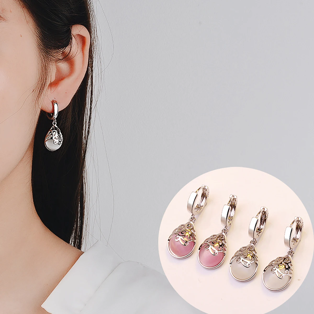 

Trendy White/Pink Moonlight Cat Eye Stone Hanging Drop Earring For Women Silver Color Female Jewelry Accessories Wedding Party
