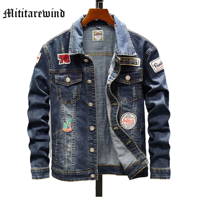 

Men's Patchwork Casual Denim Jackets Light Blue Cargo Coats Hip Hop Loose Daily High Street Distressed Youth Chic Wash Retro Top