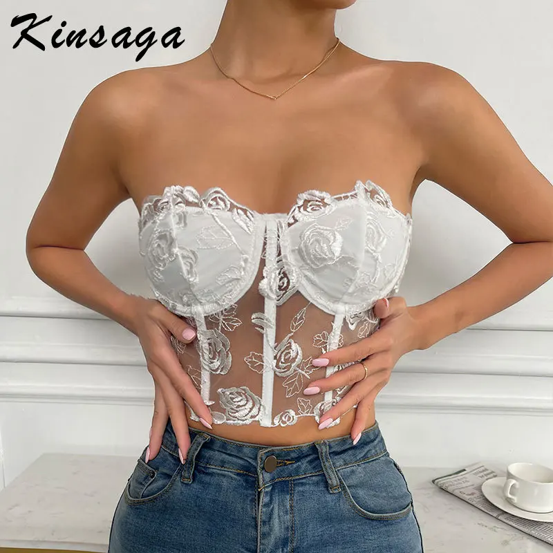 

Женский белый и черный Бюстье, укороченные топы с цветочной вышивкой, прозрачные майки с открытыми плечами, винтажные феи, гранж, эмо, альтер...