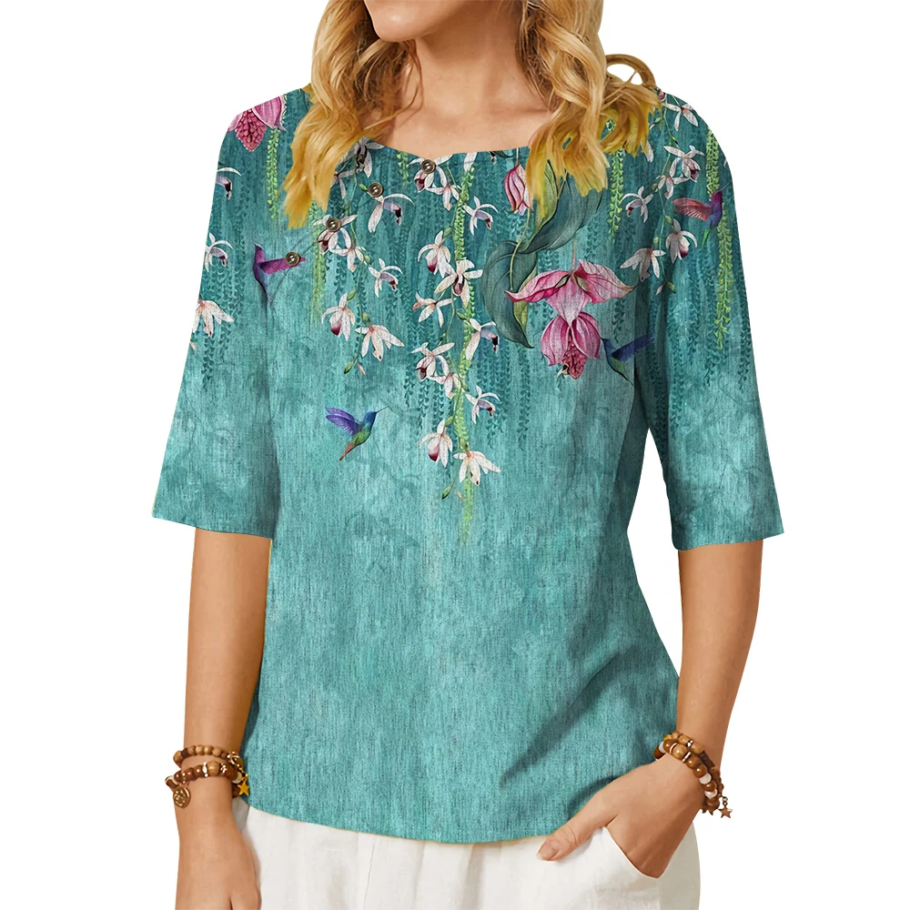 

CLOOCL New Fashion Women T-shirt Flower Vines Pattern 3D Printed Tees Button Decorate Middle Sleeve Tees Loose Casual Blouses