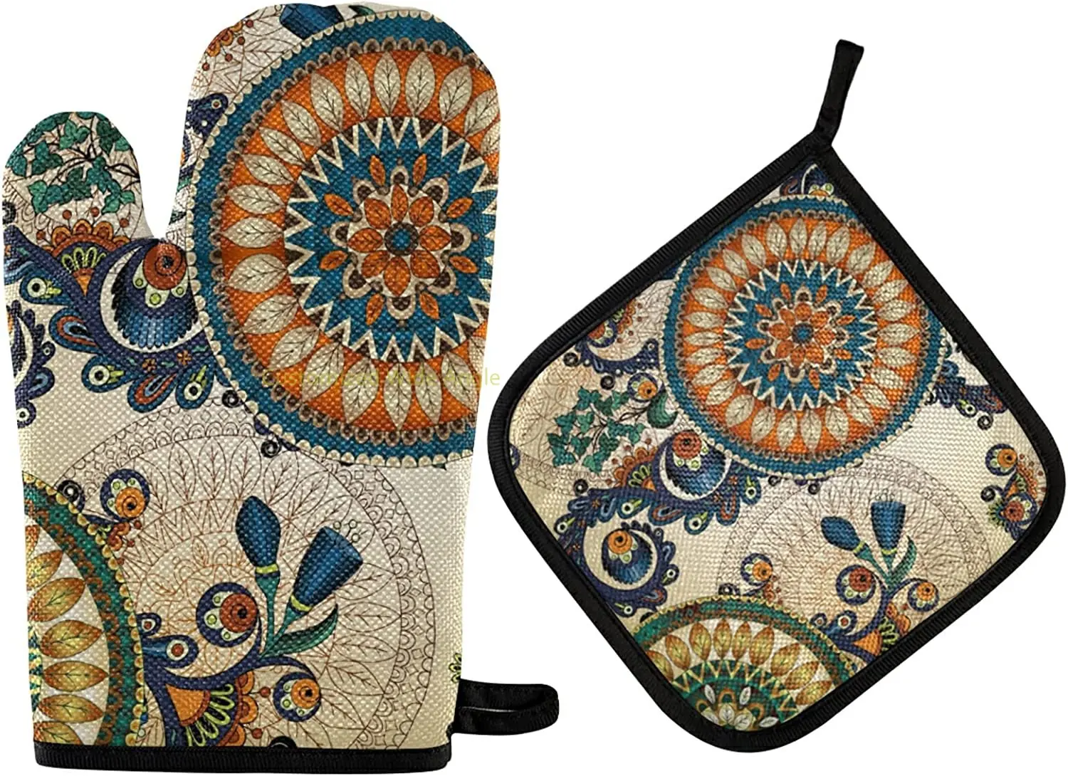 

Indian Ethnic Floral Oven Mitts and Pot Holders Insulated Gloves & Kitchen Counter Safe Mats for Cooking BBQ Baking Grilling