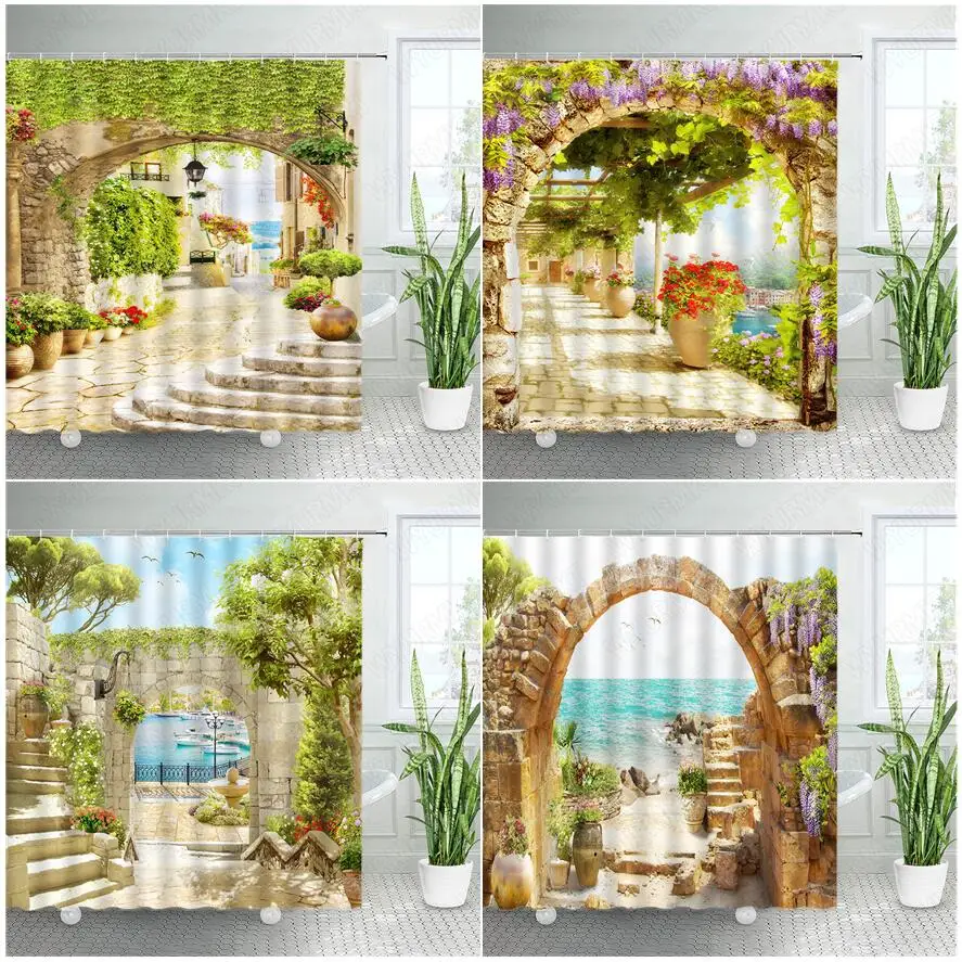 

European Style Garden Scenery Shower Curtains Vintage Arches Flower Plant Seaside Town Landscape Bathroom Decor Bath Curtain Set