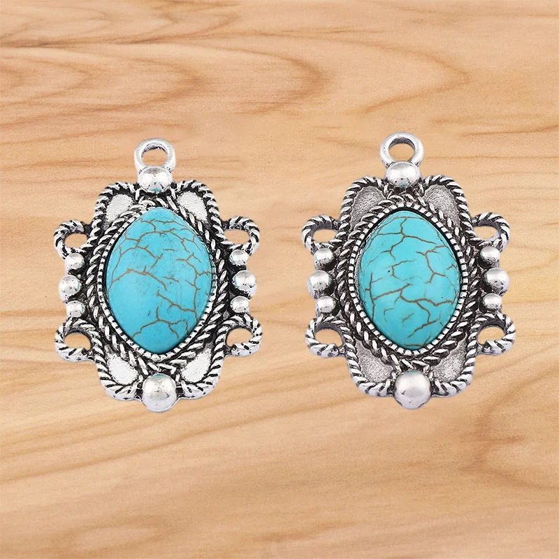 

5 Pieces Tibetan Silver Boho Oval Imitation Turquoises Stone Charms Pendants For DIY Necklace Making Finding Accessories 39x26mm