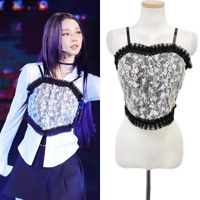 

Kpop Girl Group, летние сексуальные кружевные зеленые майки, Короткие топы, Женский танцевальный костюм для концерта, музыкального фестиваля