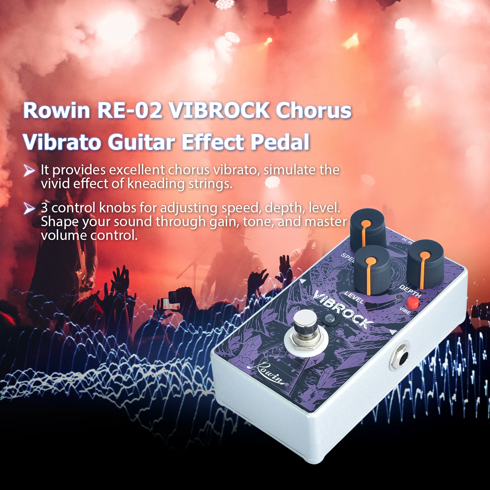 Rowin RE-02 VIBROCK Хорус Вибрато гитарный эффект-педаль с регуляторами скорости, глубины и громкости, полностью металлический корпус, с функцией True Bypass.