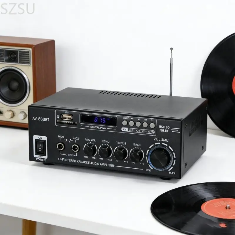 Фото SZSU Миниатюрный 2,0-канальный музыкальный усилитель с USB-слотом для карты и портом для караоке-микрофонов для небольших №2