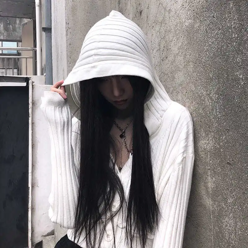 Deeptown Gothic Dark White Hoodie Women Y2K Streetwear Emo V-neck Crop Top Black Sweater Cardigan Sexy Button Hooded Sweatshirt