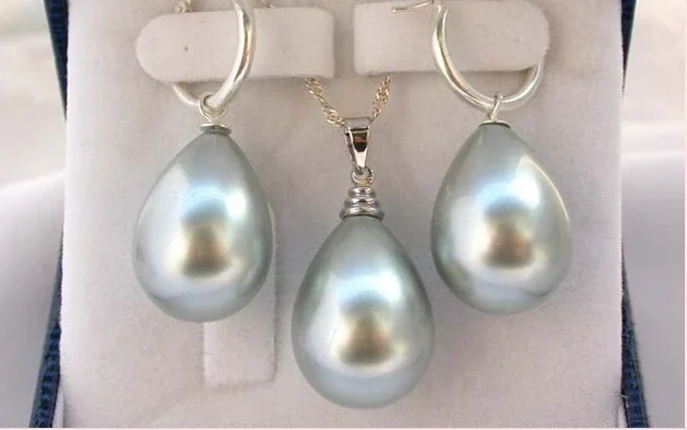 Серьги-капельки WOW 16 мм с серым жемчугом и ракушками колье из серебра 925 пробы
