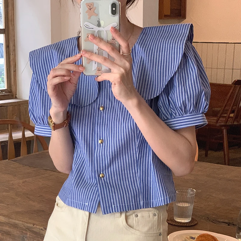 

Блузка женская короткая в полоску, с круглым вырезом и рукавами-фонариками