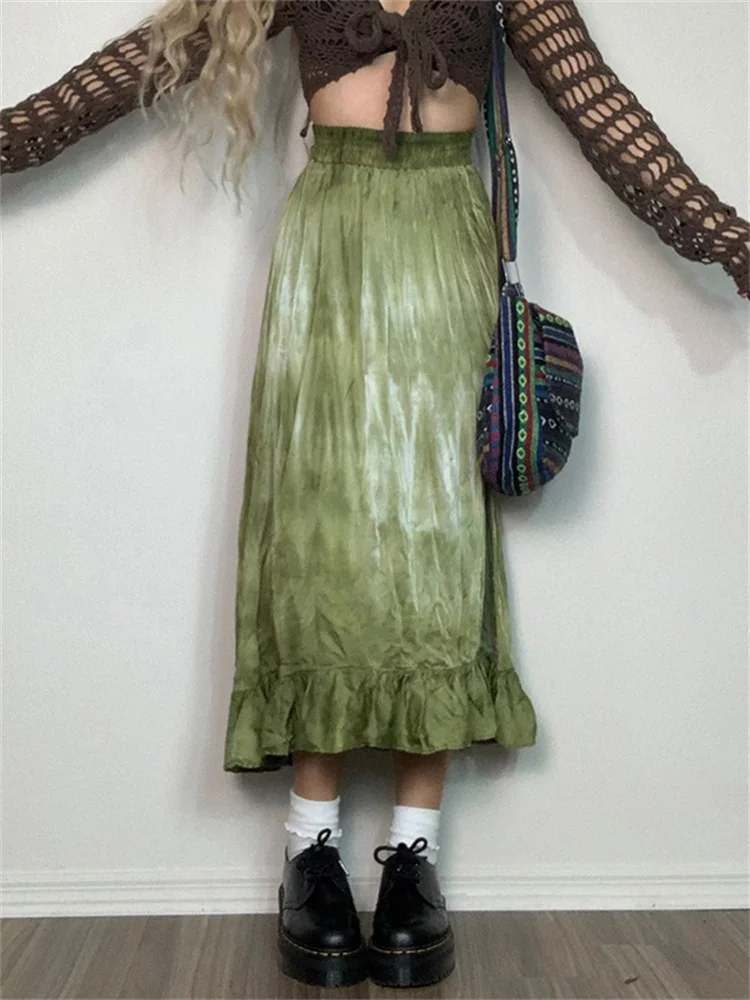 

Vintage Green Women Skrirts Retro 90s Ruffles Mid-length Tie-dye Printing Stitching High Waist Summer Skirts Streetwear