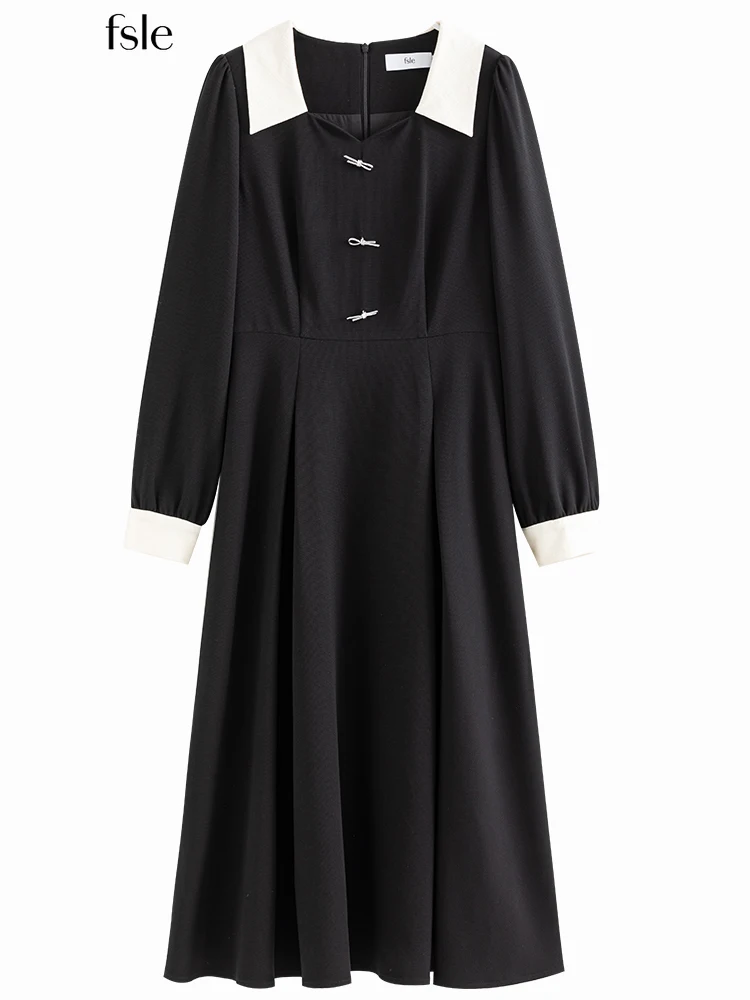 

FSLE French Retro Contrast Dress Women Elegance Commuter Long Sleeve 2022 Spring Dress платье с квадратным вырезом и бантом